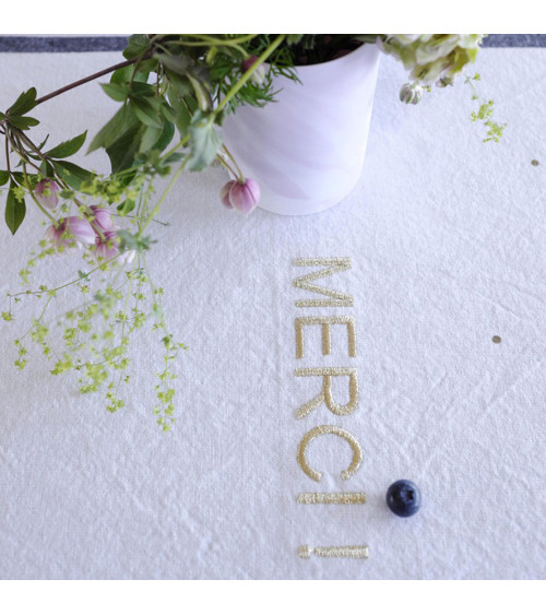 Torchon Merci Or 50 x 70, 50x70 cm, imprimé texte doré, coton biologique, fabriqué au Portugal 2