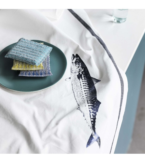 Torchon Maquereau Bright Blue 50 x 70, 50x70 cm, imprimé poisson, coton biologique, fabriqué au Portugal 2