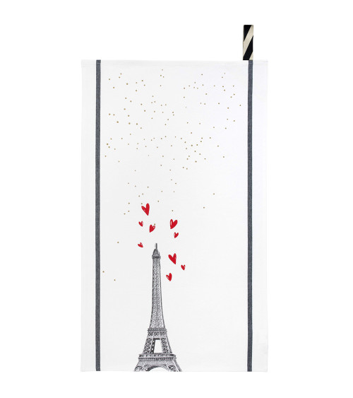Torchon Eiffel Coeurs 50 x 70, 50x70 cm, imprimé tour Eiffel Paris, coton biologique, fabriqué au Portugal