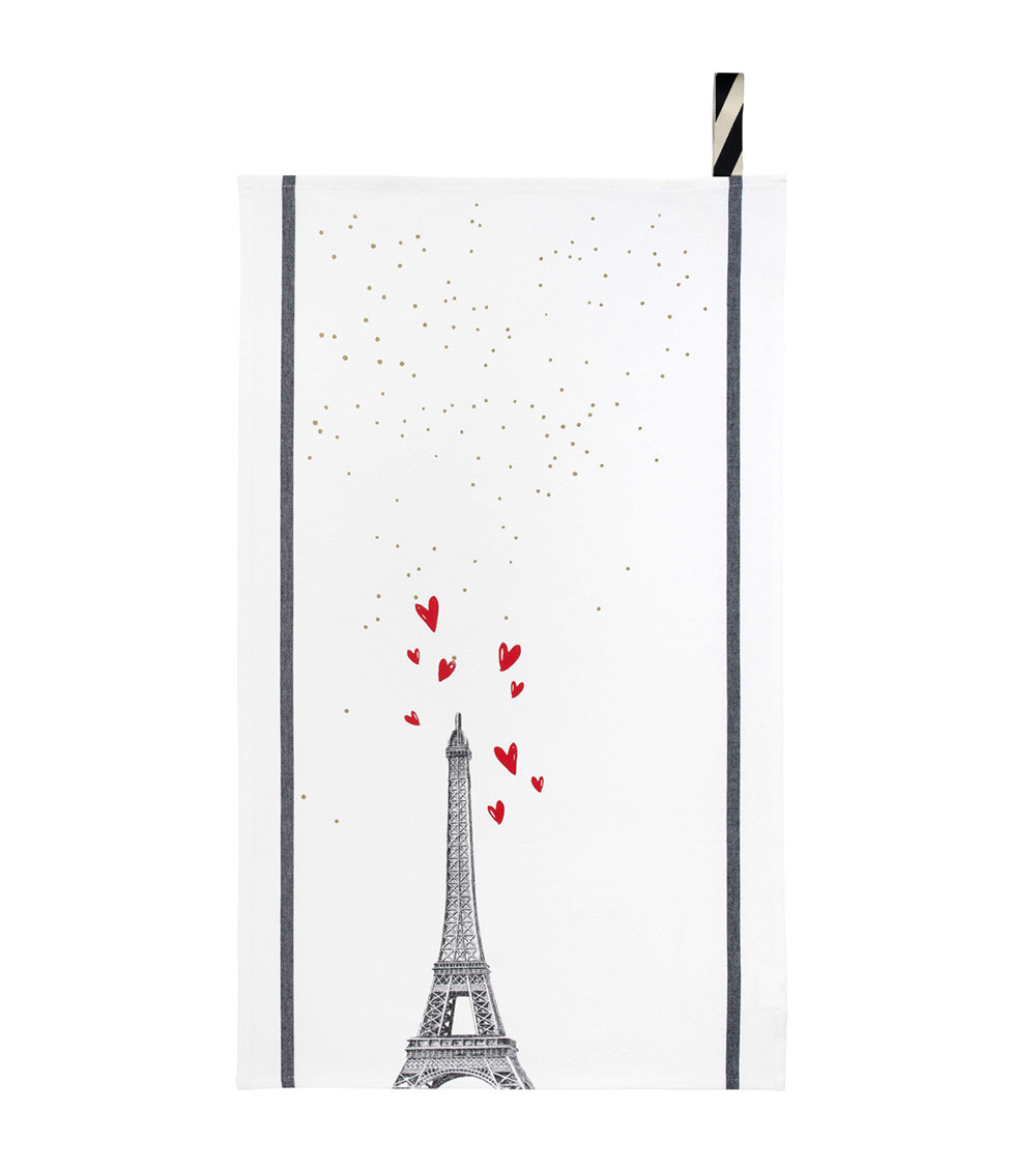 Torchon Eiffel Coeurs 50 x 70, 50x70 cm, imprimé tour Eiffel Paris, coton biologique, fabriqué au Portugal