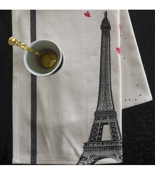Torchon Eiffel Coeurs 50 x 70, 50x70 cm, imprimé tour Eiffel Paris, coton biologique, fabriqué au Portugal 2