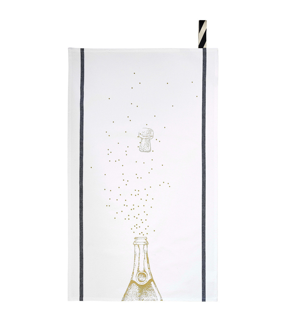 Torchon Party Or 50 x 70, 50x70cm, fabriqué au Portugal, coton biologique, imprimé bouteille de champagne