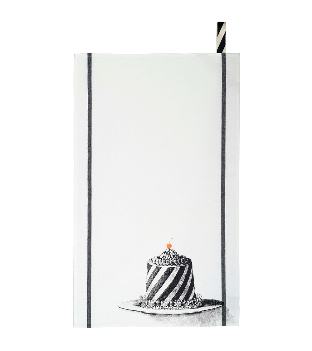 Torchon Charlotte 50 x 70, 50x70 cm, coton biologique, fabriqué au Portugal, motif gâteau charlotte aux fraises