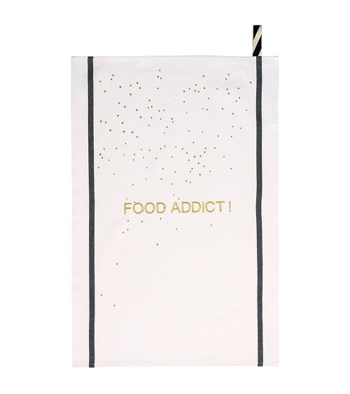 Torchon Food Addict Or 50 x 70, 50x70 cm, coton biologique, fabriqué au Portugal, texte brodé, motif sérigraphié