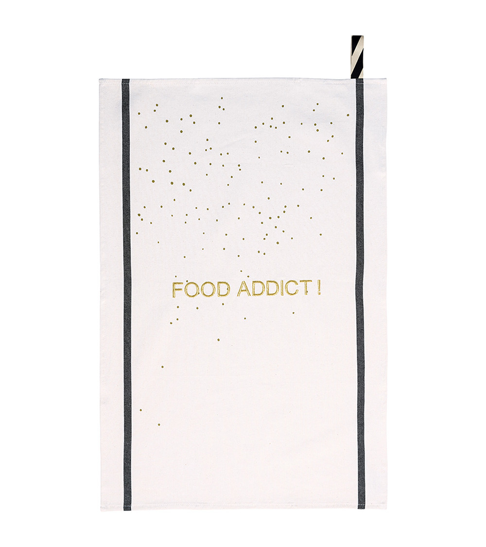 Torchon Food Addict Or 50 x 70, 50x70 cm, coton biologique, fabriqué au Portugal, texte brodé, motif sérigraphié