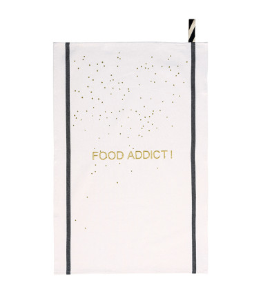 Torchon Food Addict Or 50 x 70, 50x70 cm, coton biologique, fabriqué au Portugal, texte brodé, motif sérigraphié