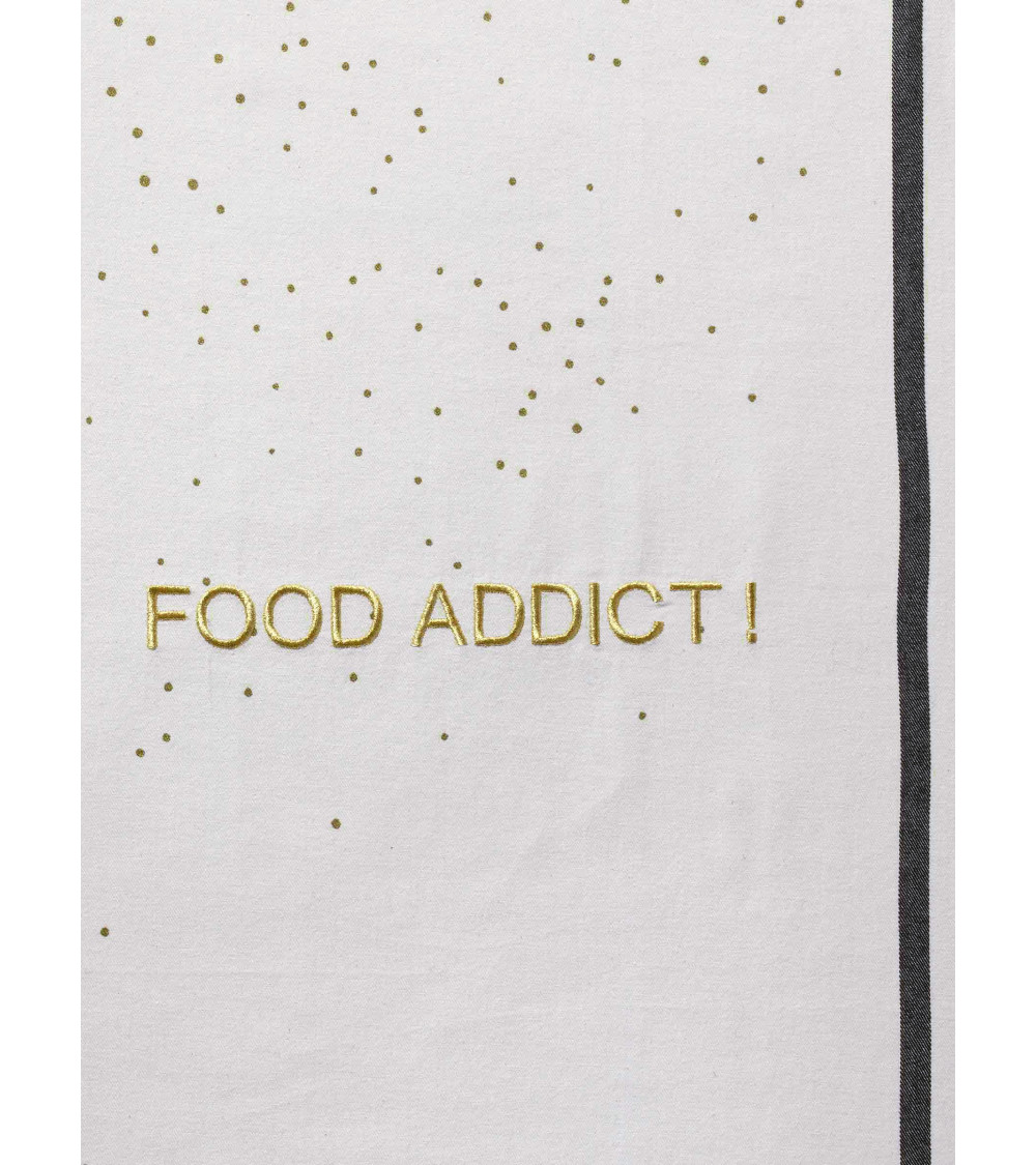 Torchon Food Addict Or 50 x 70, 50x70 cm, coton biologique, fabriqué au Portugal, texte brodé, motif sérigraphié