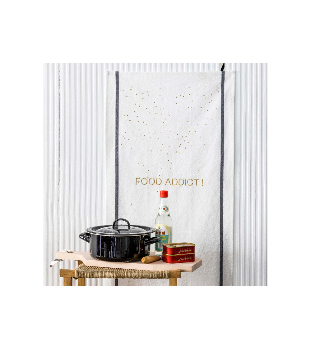 Torchon Food Addict Or 50 x 70, 50x70 cm, coton biologique, fabriqué au Portugal, texte brodé, motif sérigraphié