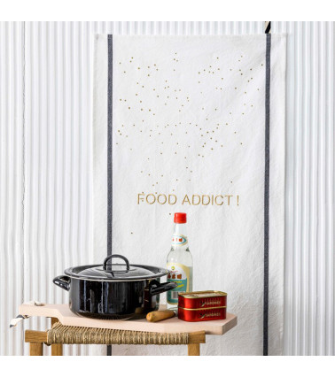 Torchon Food Addict Or 50 x 70, 50x70 cm, coton biologique, fabriqué au Portugal, texte brodé, motif sérigraphié