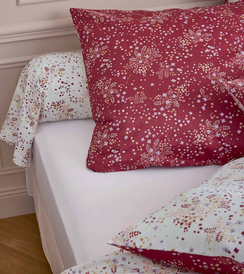Taie de traversin LILOU BORDEAUX en satin de coton fleuri fabriquée en France