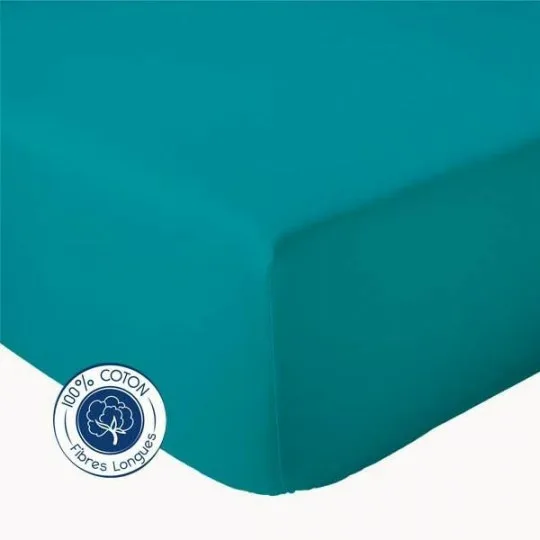 Drap housse 100% coton 57 fils, couleur bleu paon, fabriqué en France