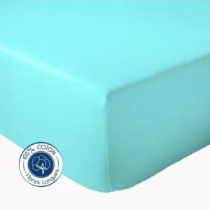 Drap housse 100% coton 57 fils, couleur bleu caraïbes, fabriqué en France