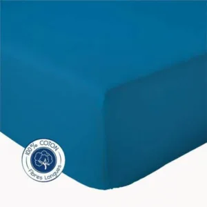 Drap housse en coton 57fils, bleu nautique, fabriqué en France