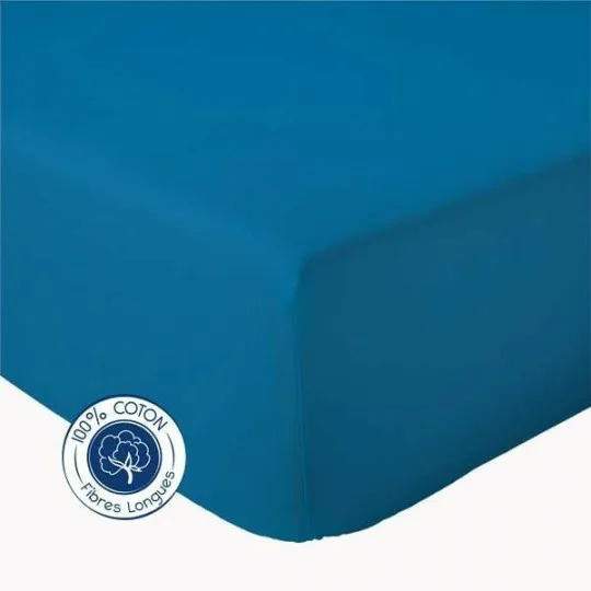 Drap housse en coton 57fils, bleu nautique, fabriqué en France